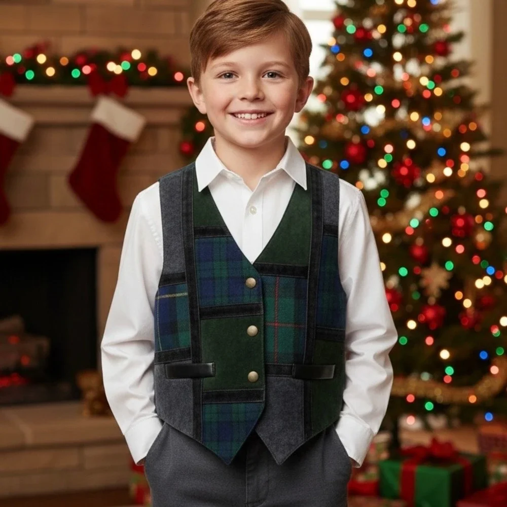 BNS Brite‎ N Sassy Leargi Boys Plaid Patchwork Vest Green Blue S 7-8 Vintage 80s